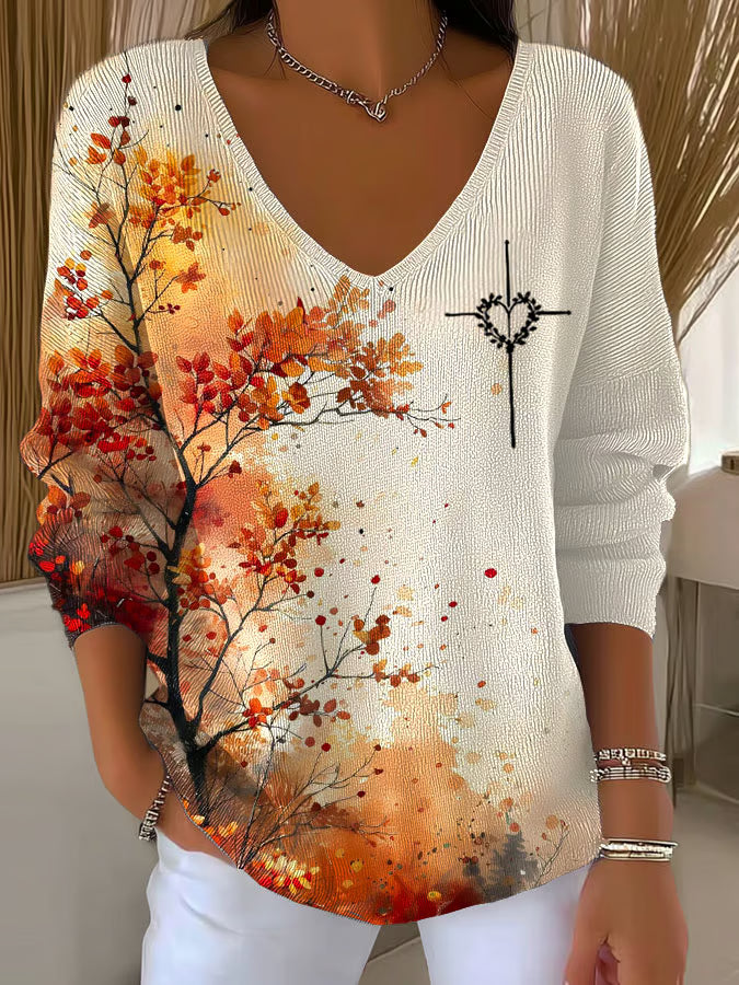 Women's Autumn Leaves and Cross Print Long Sleeve Top