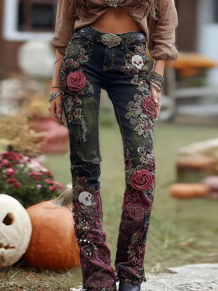 Rose Skull Embroidered Halloween Gothic Rock Jeans