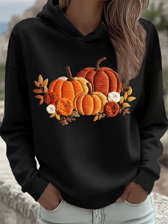 Women's Casual Orange Pumpkin Print Hoodie