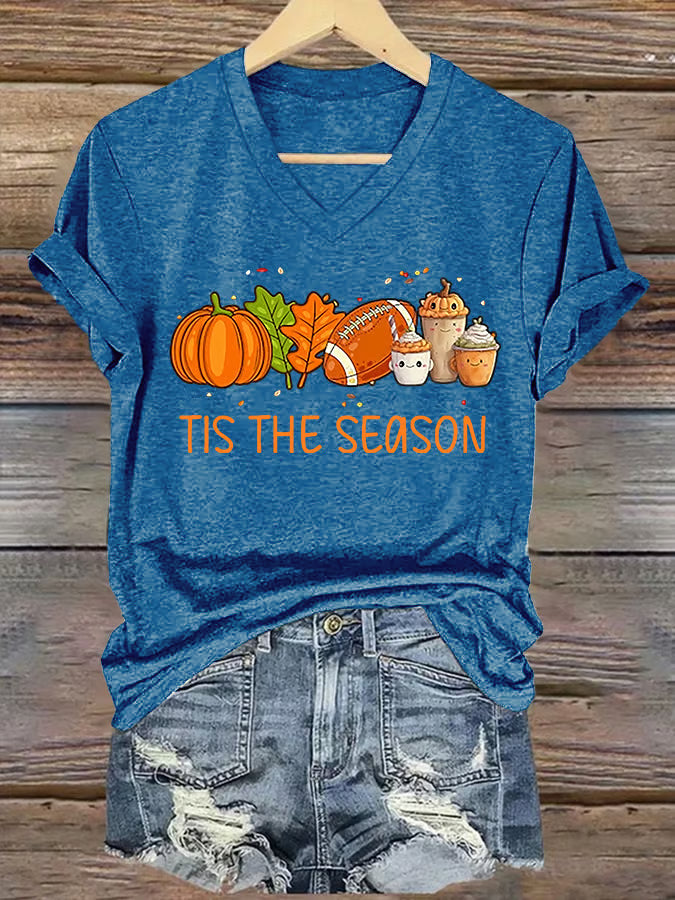 V-Neck Retro Tis The Season Pumpkin Spice Latte Pumpkin Maple Leaf Football Print T-Shirt