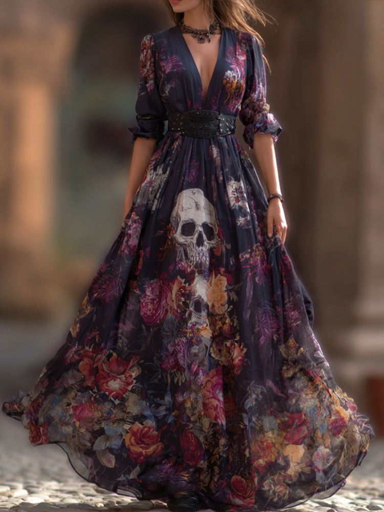 Halloween Theme Rose And Skull Pattern Women's V-neck Long Dress